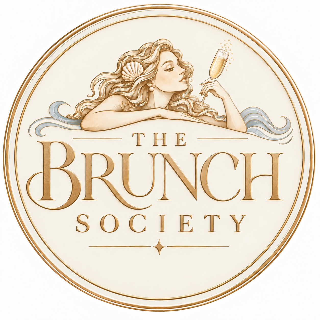 The Brunch Society gold siren emblem with a champagne glass and pale blue waves
